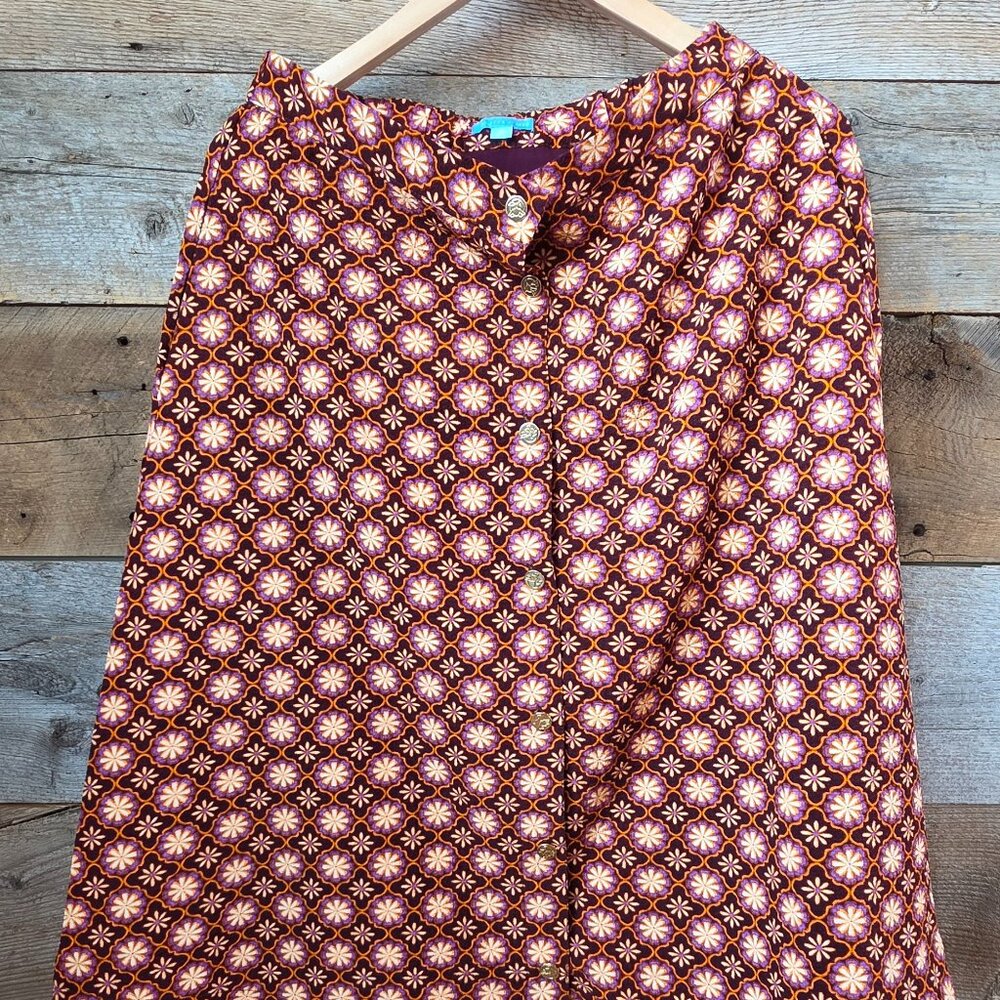 Draper James Women's Size M Gold Button Front Brown Patterned A-Line Skirt
